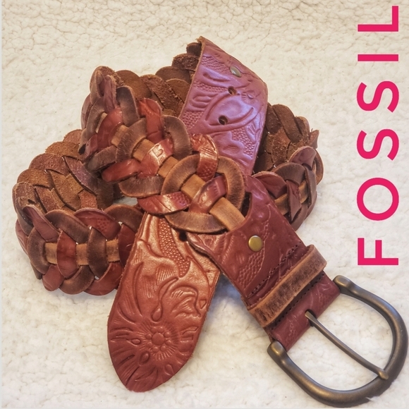 Fossil genuine leather boho braided tooled belt main image 4